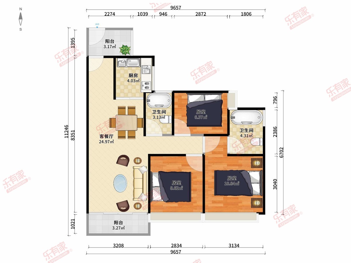 和悦雅苑 3房2厅2卫1厨2阳88.0m² 南北