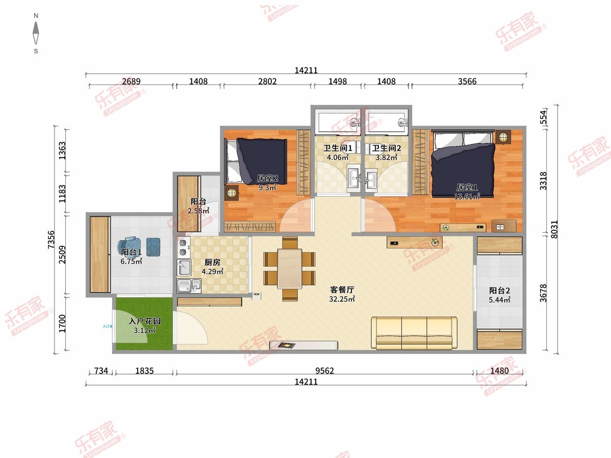 龙城一号 2房2厅2卫1厨3阳87.15m² 南