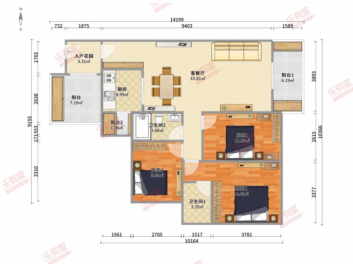 龙城一号 3房2厅2卫1厨3阳99.79m² 南