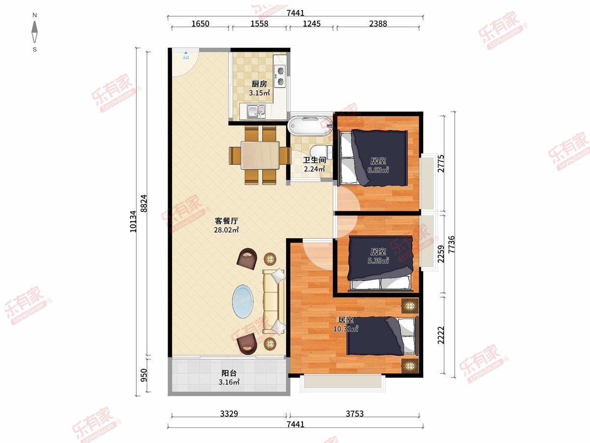 万科星辰花园 3房2厅1卫1厨1阳79.0m² 南