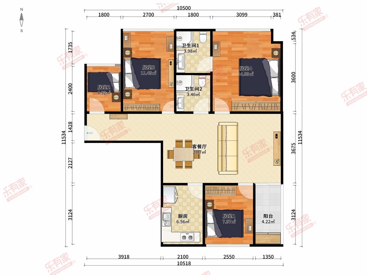 凤山府 4房2厅2卫1厨1阳91.09m² 东南