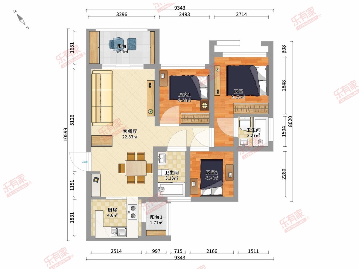 宏都华庭 3房2厅2卫1厨2阳84.03m² 东