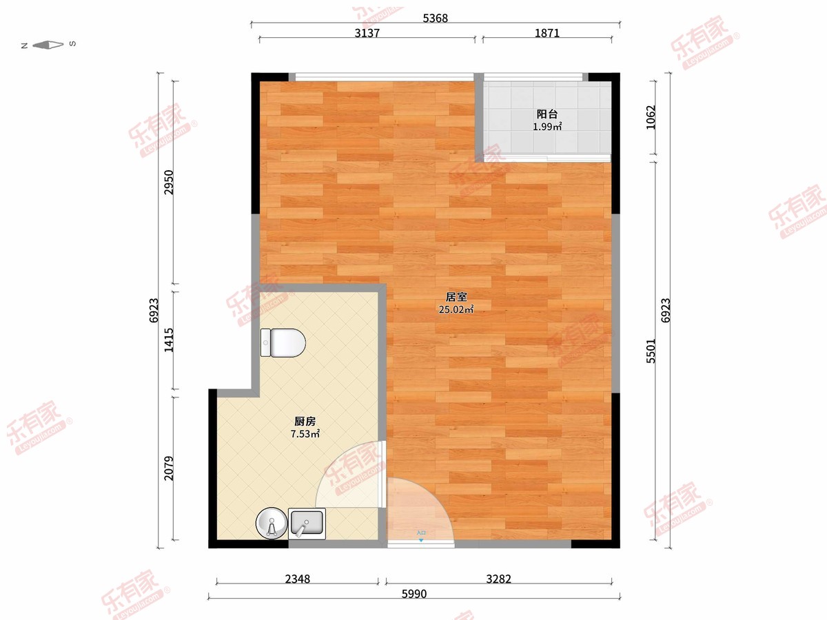 怀德国际广场 1房1厅1卫1厨1阳49m²东 