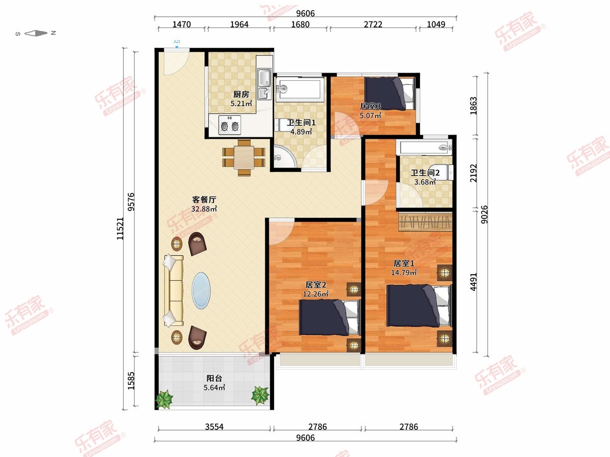 碧桂园汇悦台 3房2厅2卫1厨1阳85.0m² 东