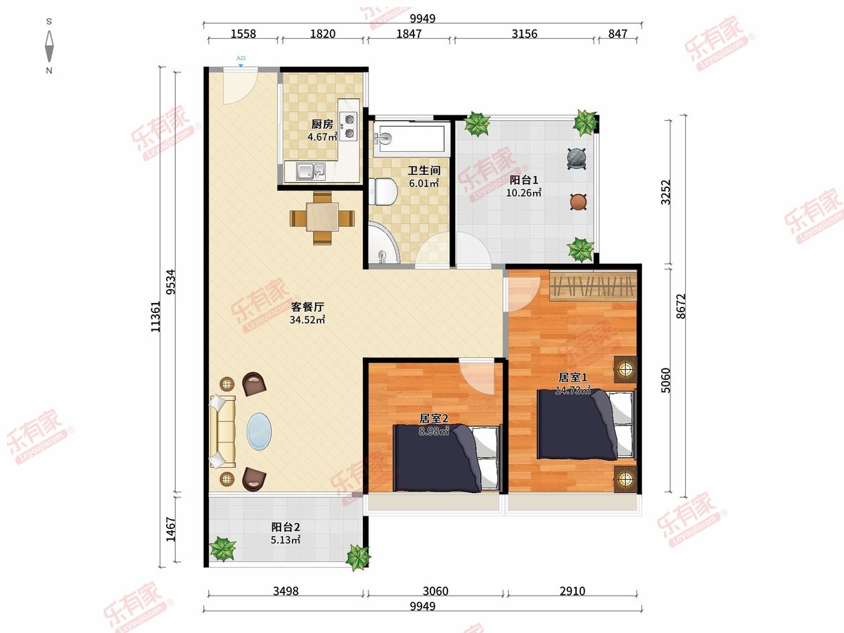 智领商业广场 2房2厅1卫1厨2阳85.0m² 北