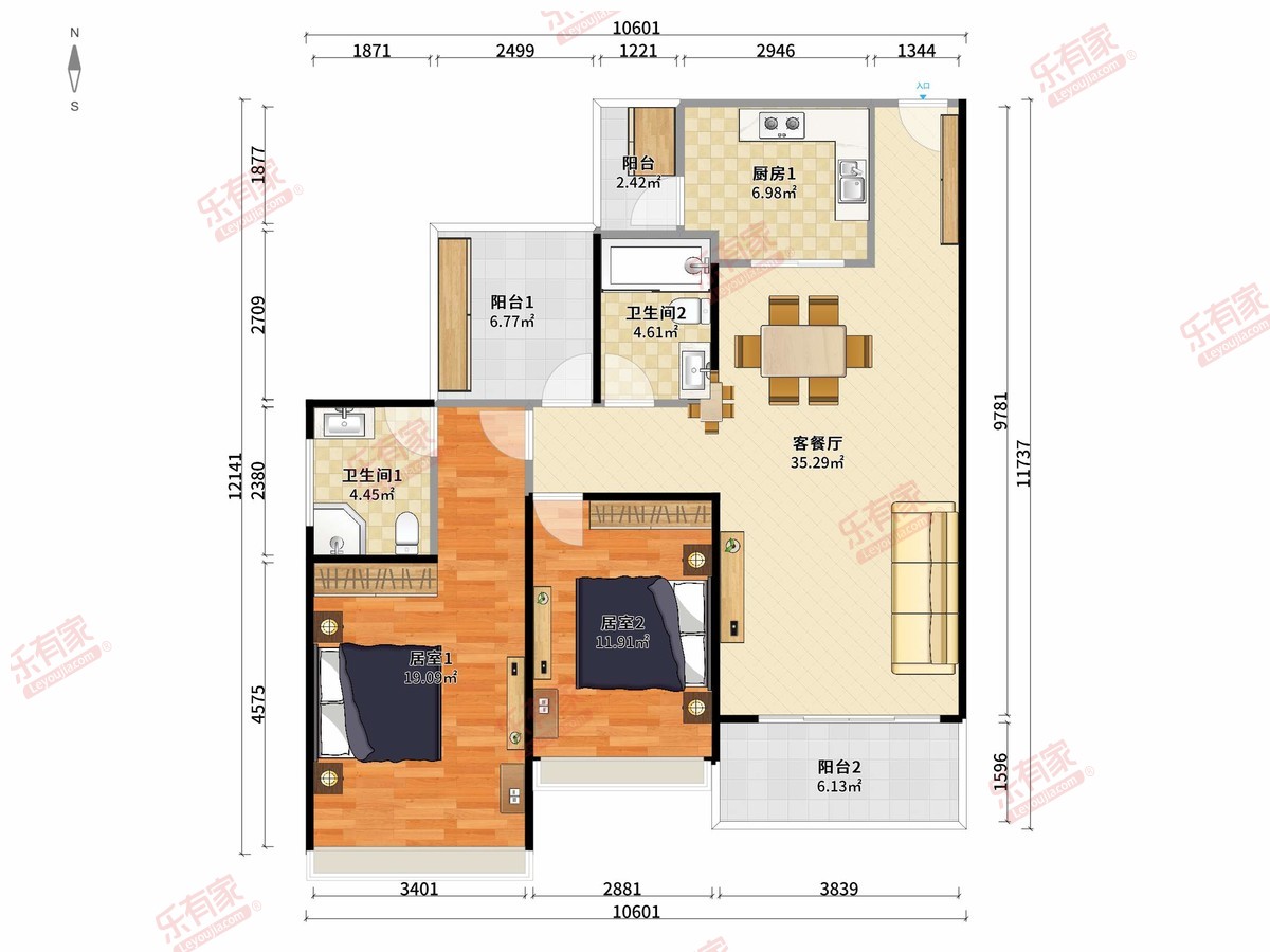 奥园誉博府 2房2厅2卫1厨3阳98.0m² 南
