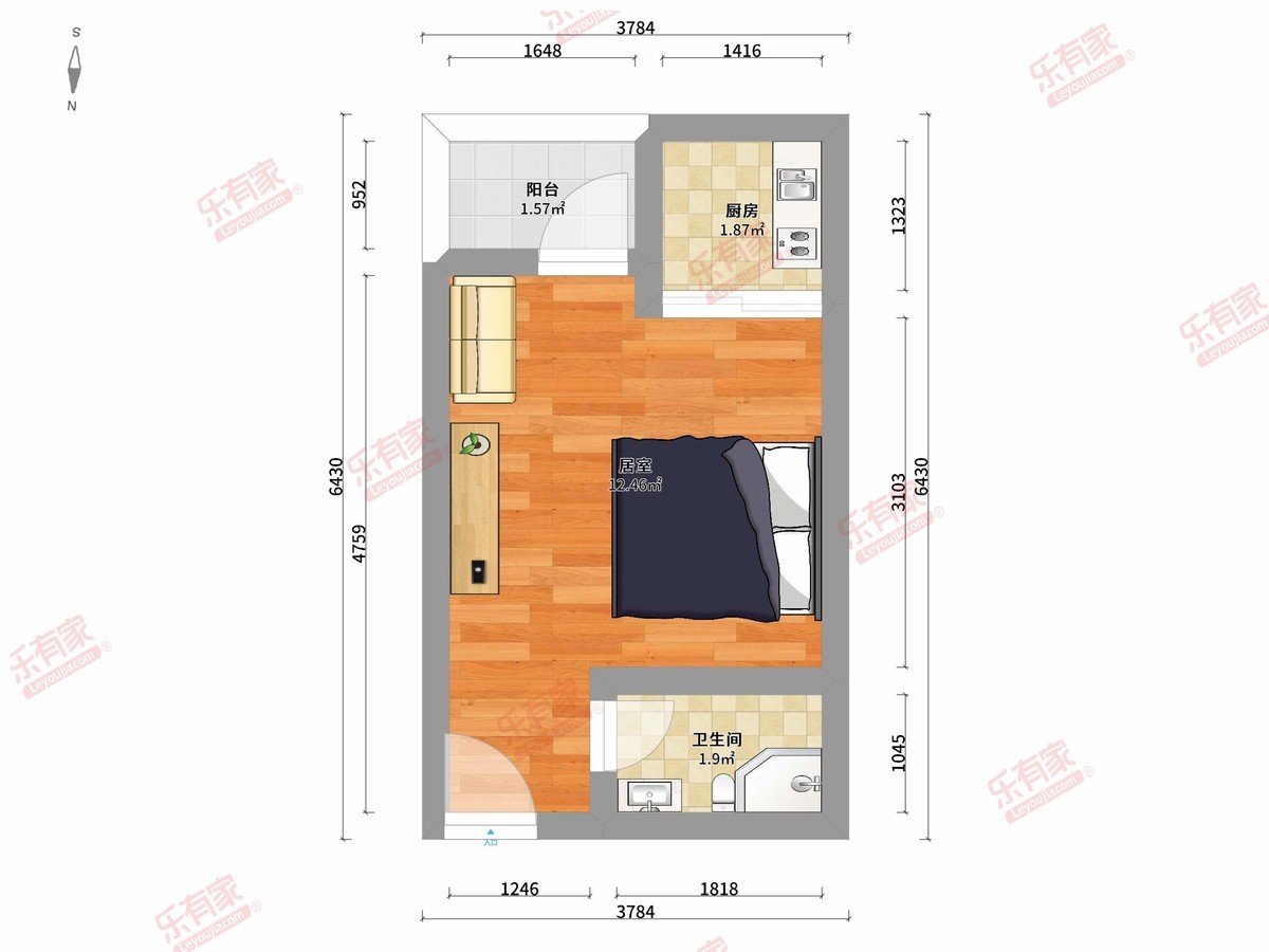 富璟公馆 1房0厅1卫1厨1阳27.65m² 南 1