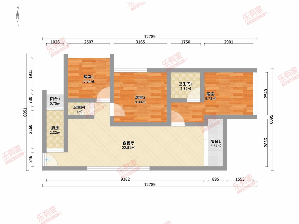 鸿荣源博誉府 3房2厅2卫1厨2阳94.0m² 西南