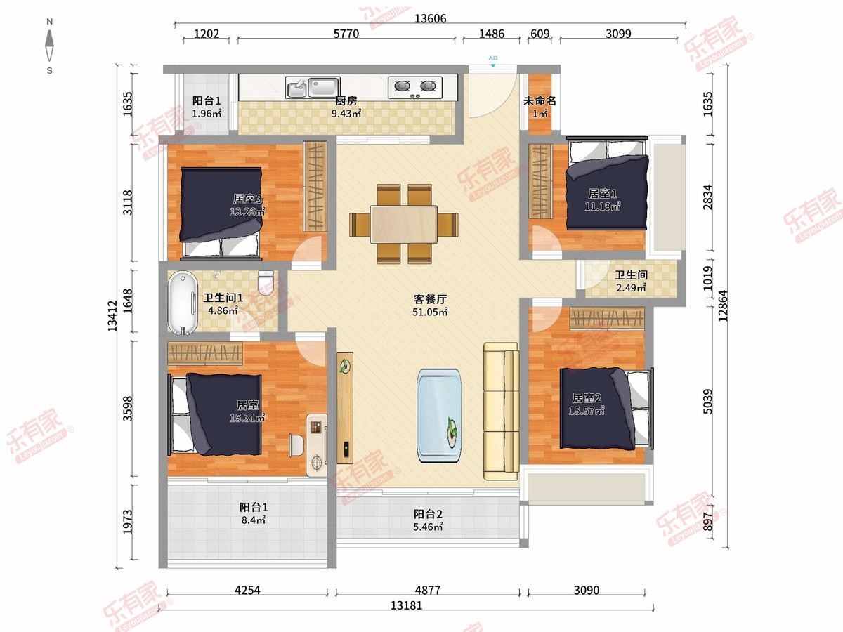 鸿荣源博誉府 4房2厅2卫1厨3阳140.0m² 南