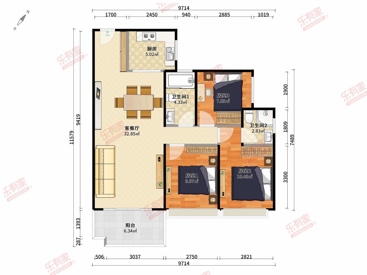 碧桂园揽月居 3房2厅2卫1厨1阳95.7m² 东南