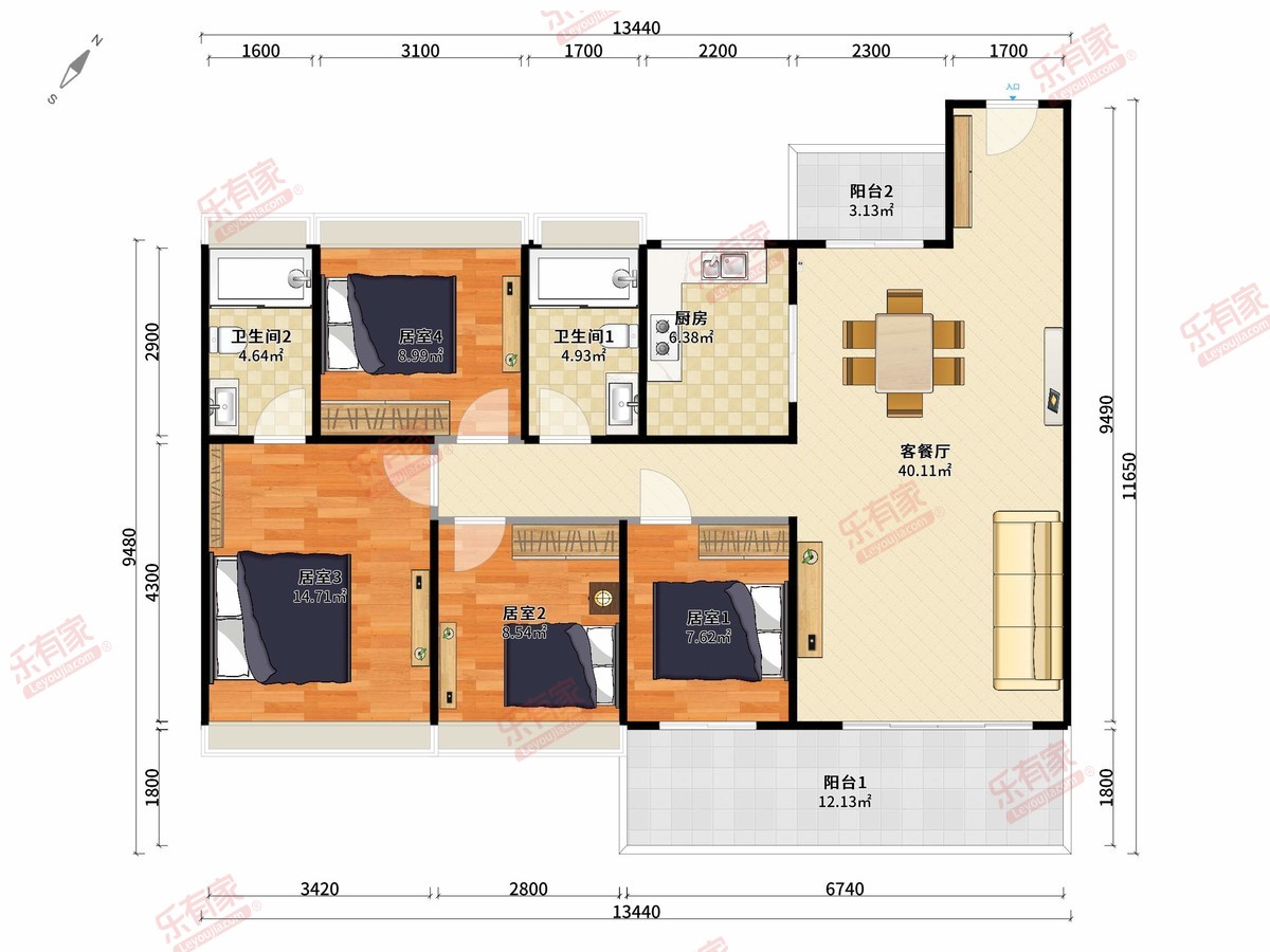 碧桂园揽月居 4房2厅2卫1厨2阳126.9m² 南北