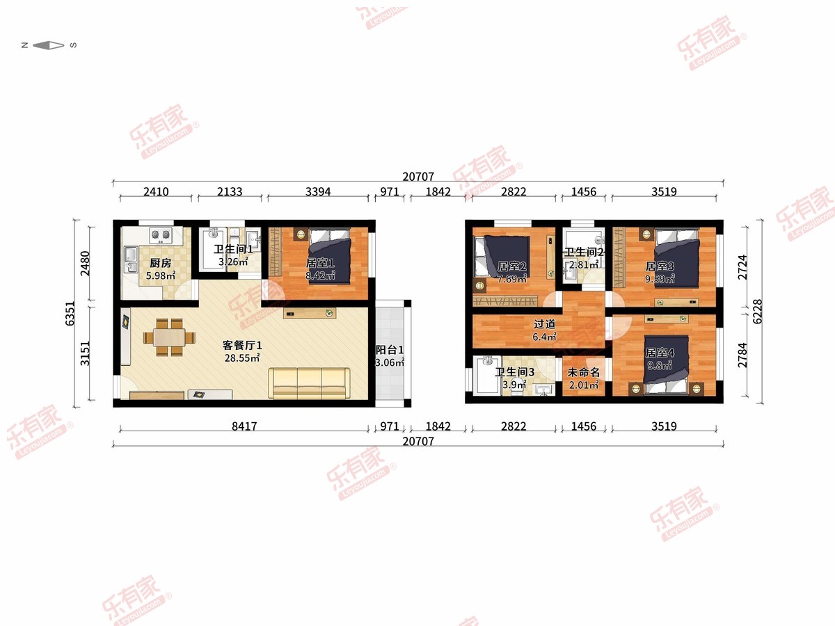 万城名座 4房2厅3卫1厨1阳95.0m² 南