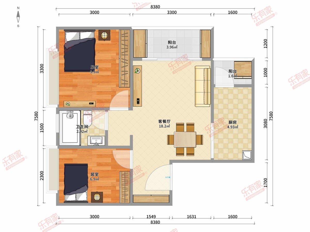 吉祥花园 2房2厅1卫1厨2阳58.0m² 东北