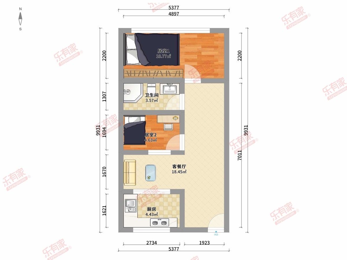 时代西锦 2房2厅1卫1厨0阳43.37m² 南北