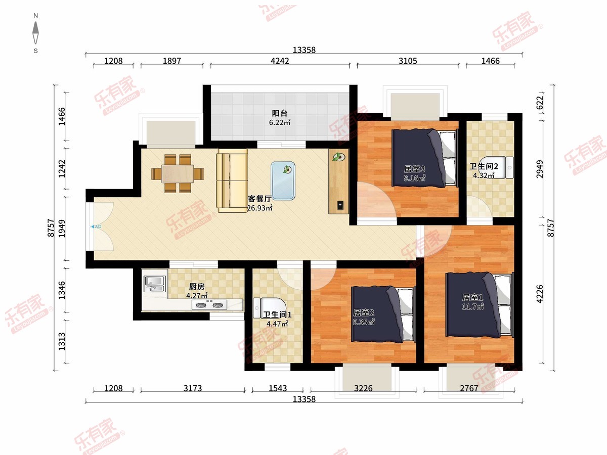 鸿荣源博誉府 3房2厅2卫1厨1阳115.0m² 西南