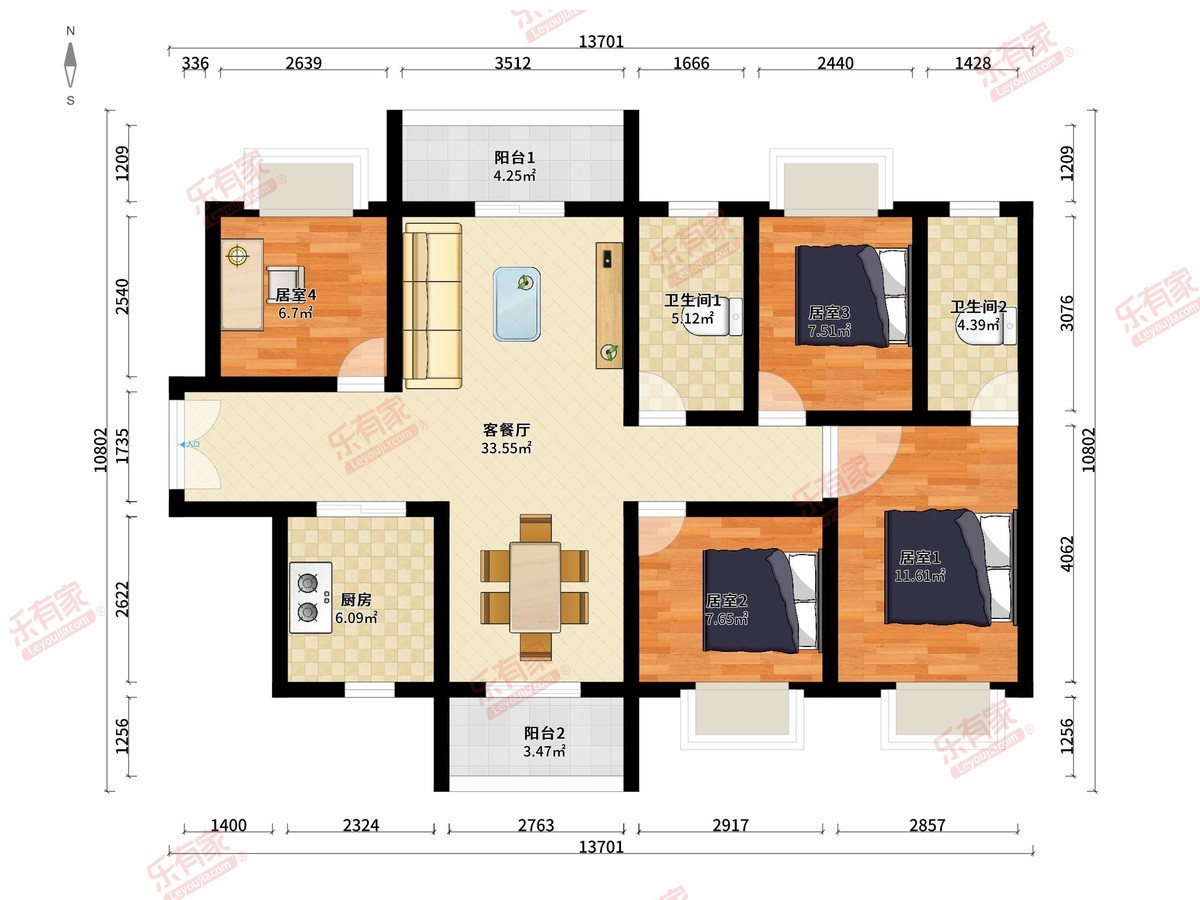 鸿荣源博誉府 4房2厅2卫1厨2阳123.0m² 南北