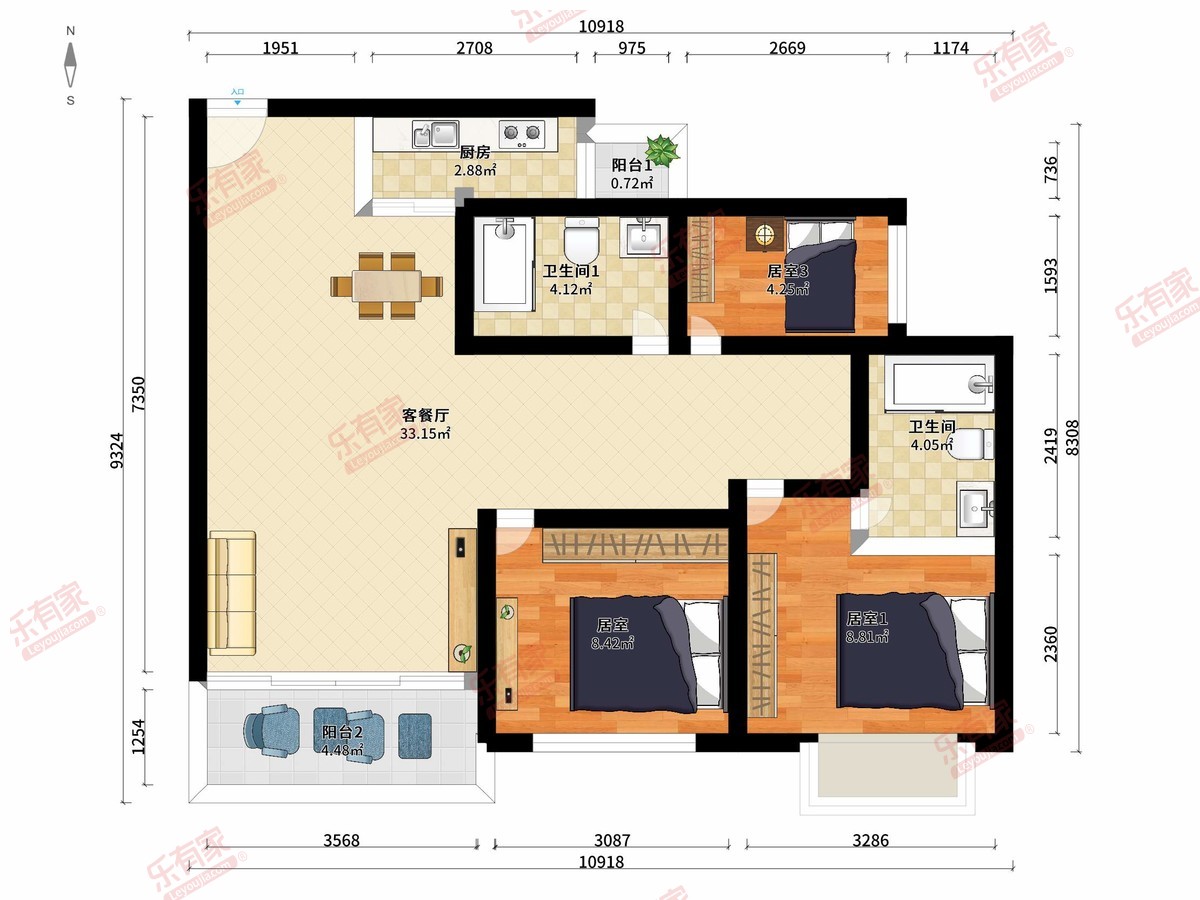 天健盈丰豪苑 3房2厅2卫1厨2阳90.88m² 东南