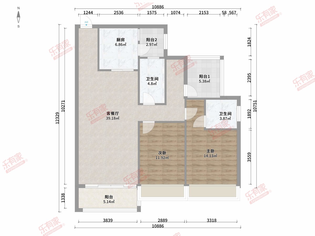 晁佳御景湾 2房2厅2卫1厨3阳102.0m² 南