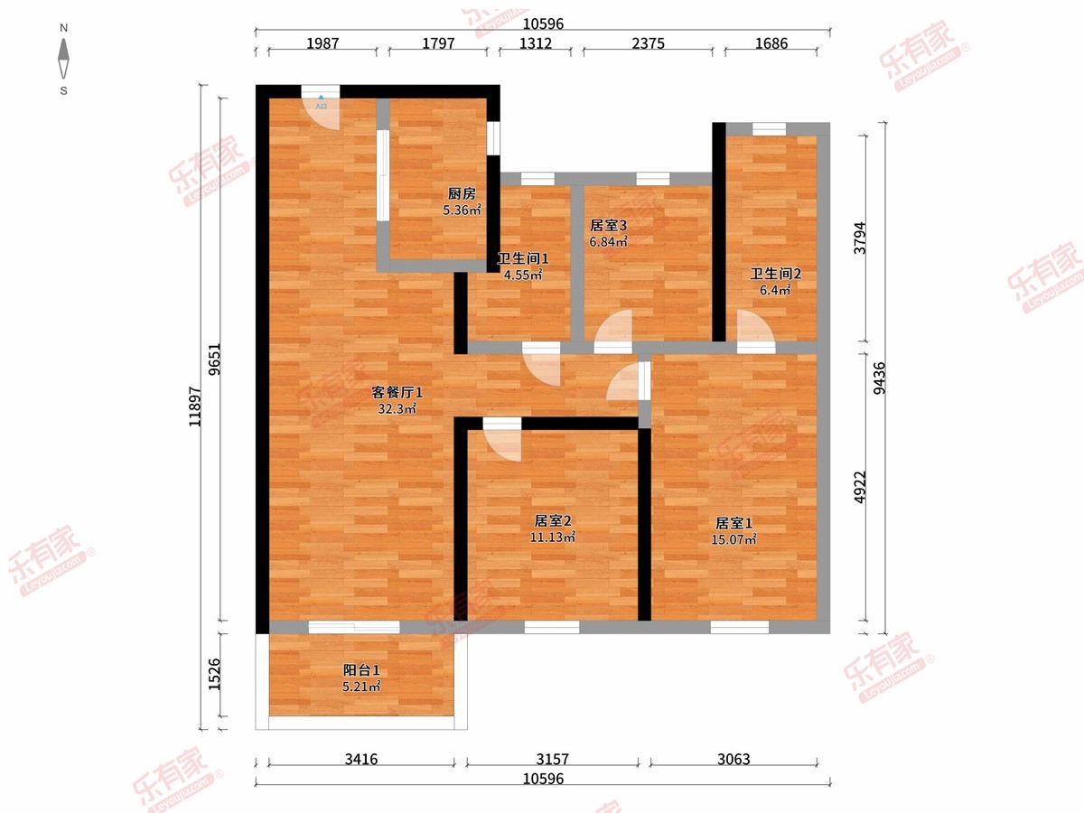 中山金域国际 3房2厅2卫1厨1阳89.0m² 南 1