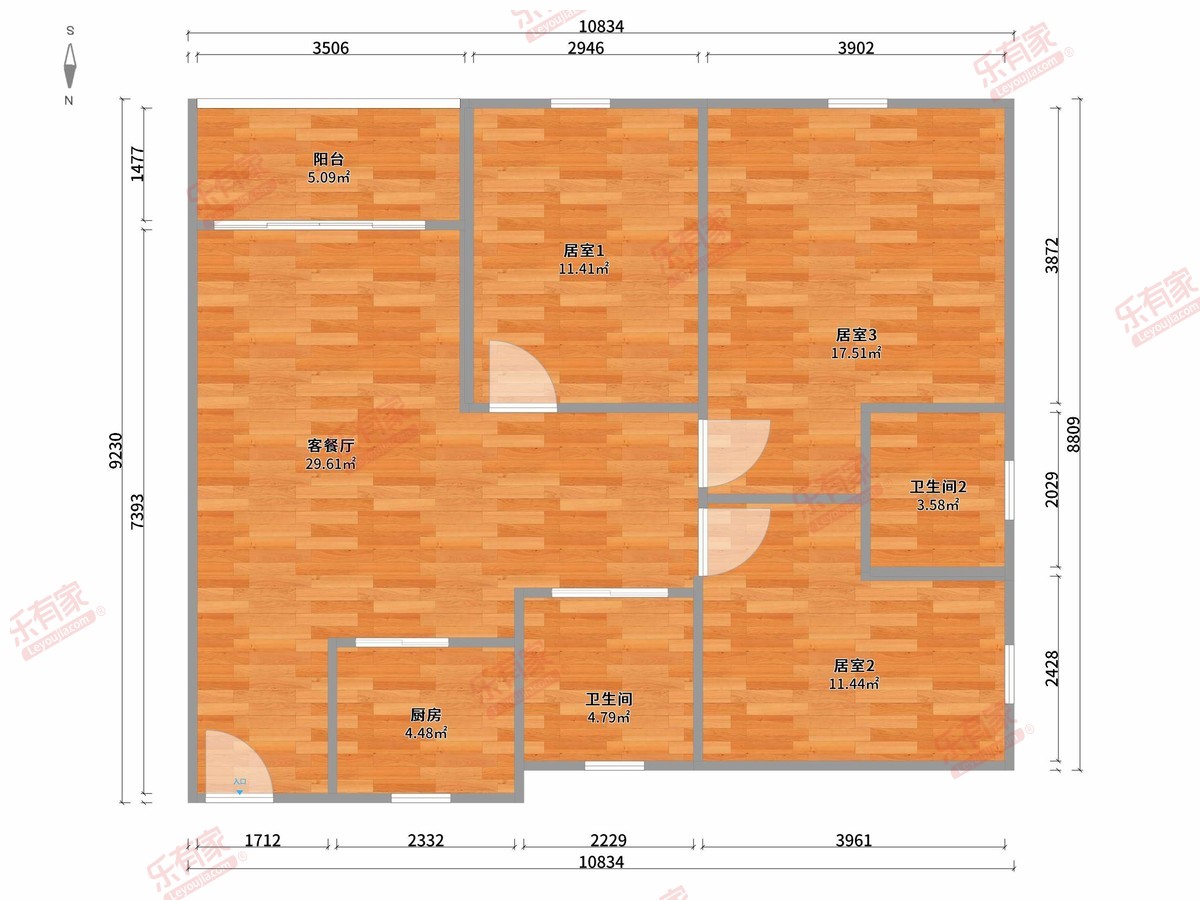 勤诚达云邸 3房2厅2卫1厨1阳89.0m² 南