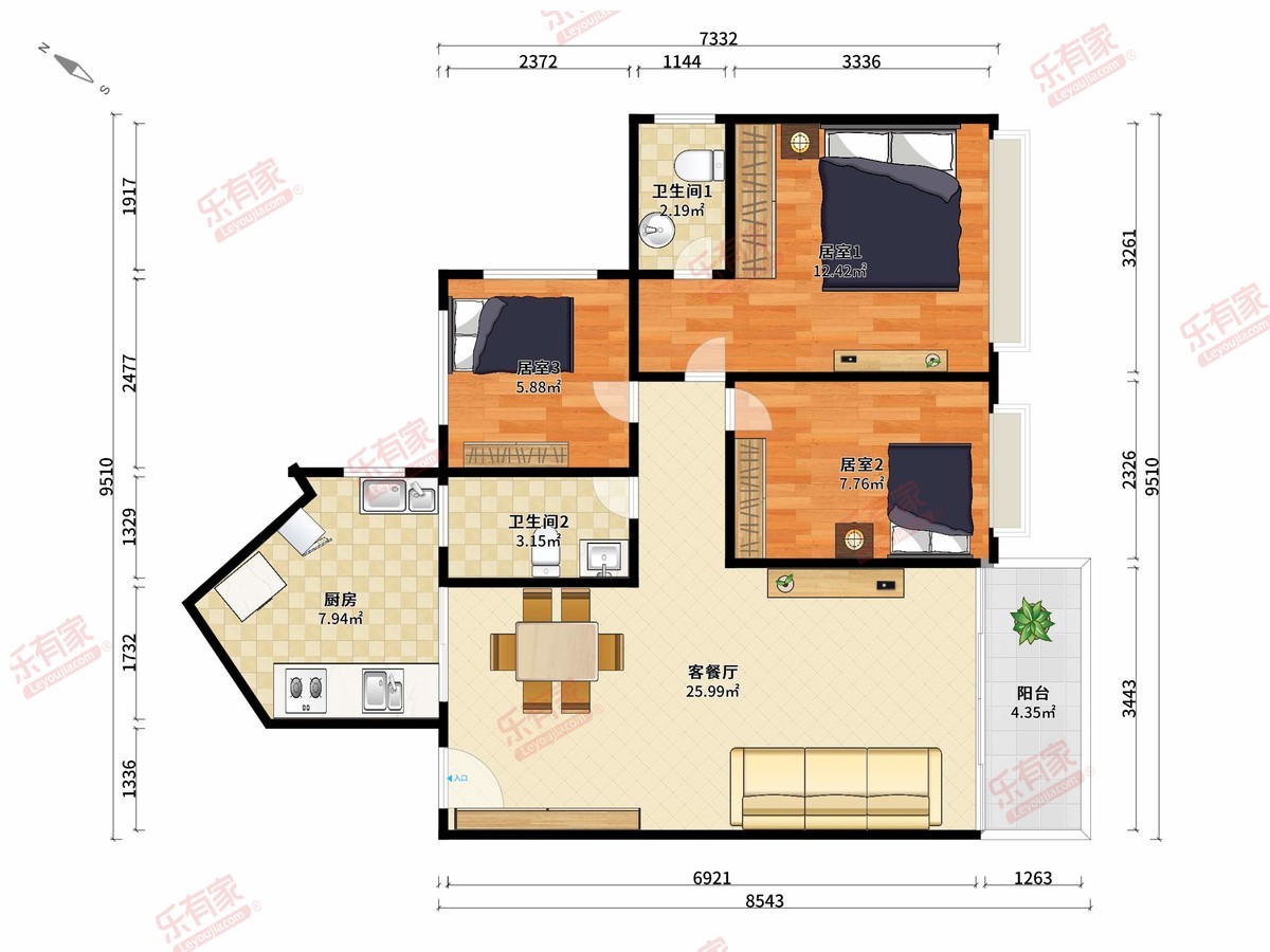 昊龙华庭 3房2厅2卫 91.04㎡