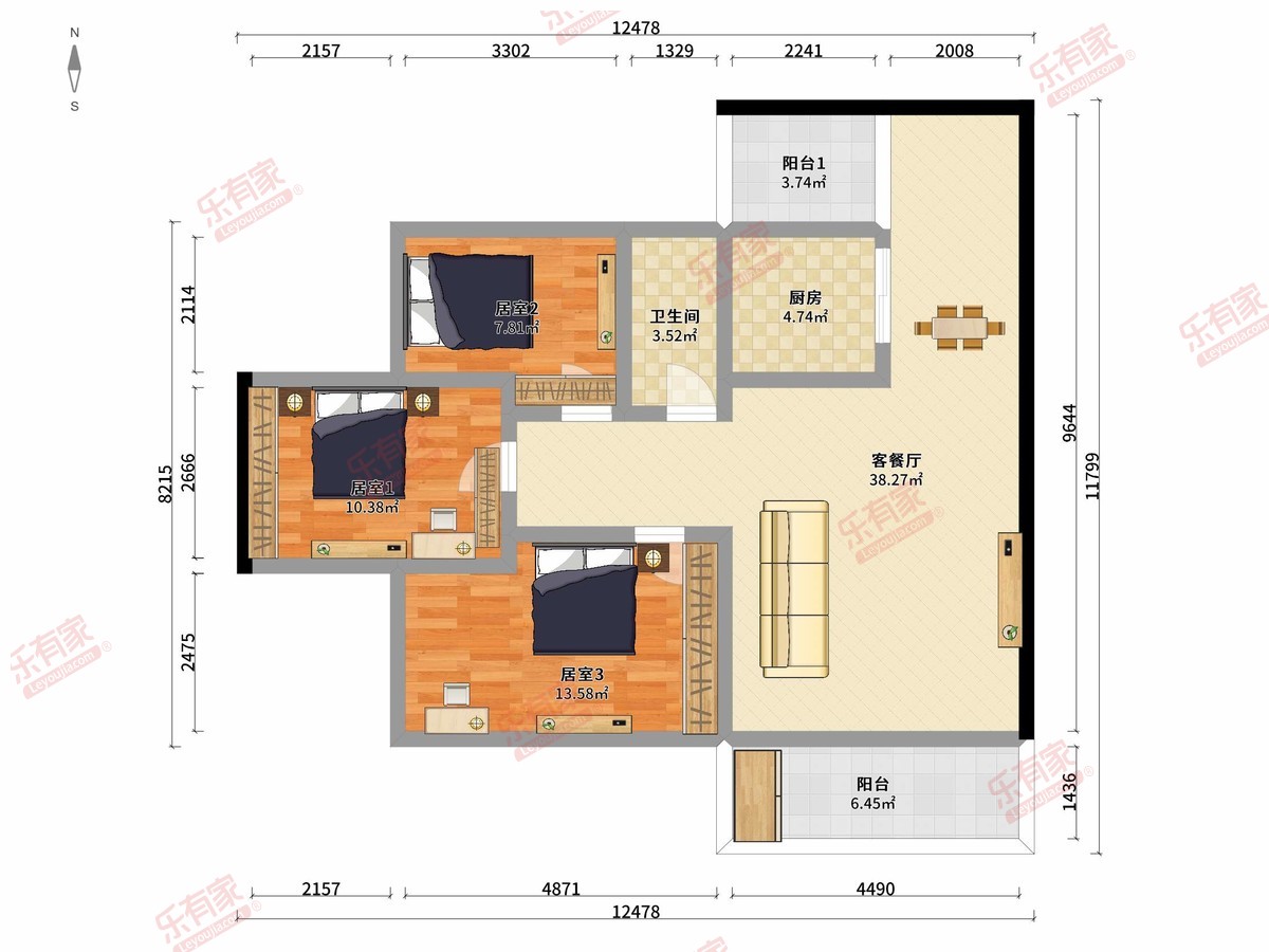 皓玥花园 3房2厅1卫1厨2阳90.0m² 北