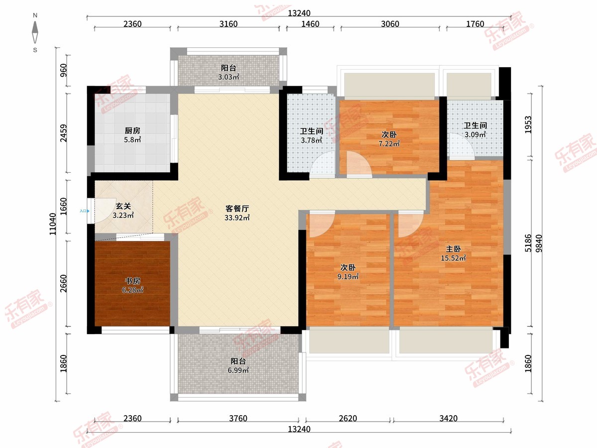 格林春天豪庭 4房2厅2卫1厨2阳134.77m² 南北