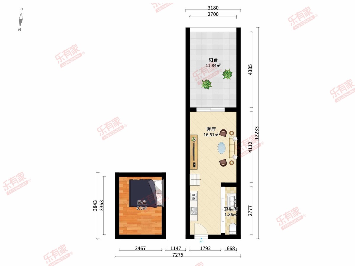 湾区28 1房1厅1卫0厨1阳39.0m² 南