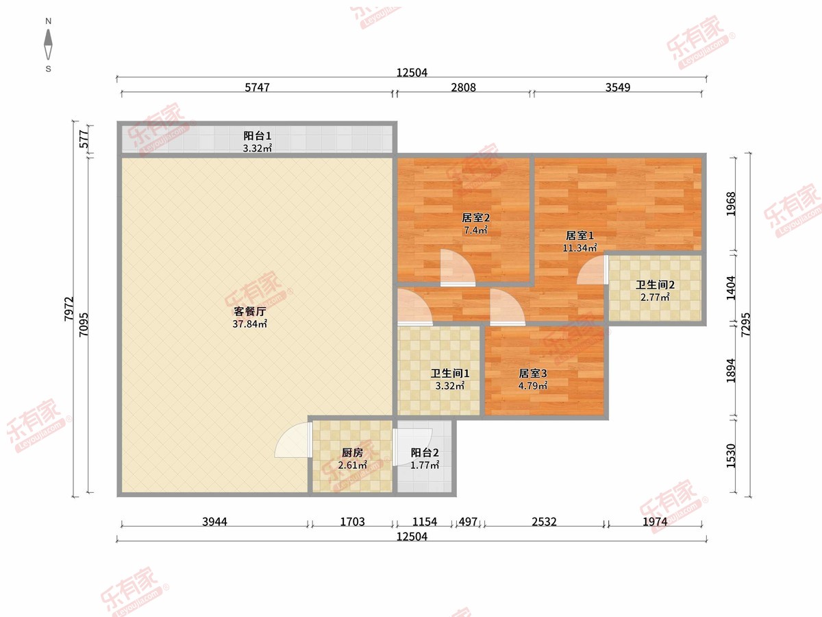 天健盈丰豪苑 3房2厅2卫1厨2阳84.18m² 南