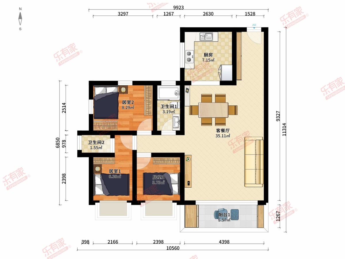 实地紫藤公馆 3房2厅2卫1厨1阳93.0m² 南