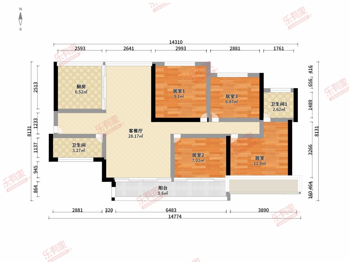 中南云锦 4房2厅2卫1厨1阳95.0m² 南北