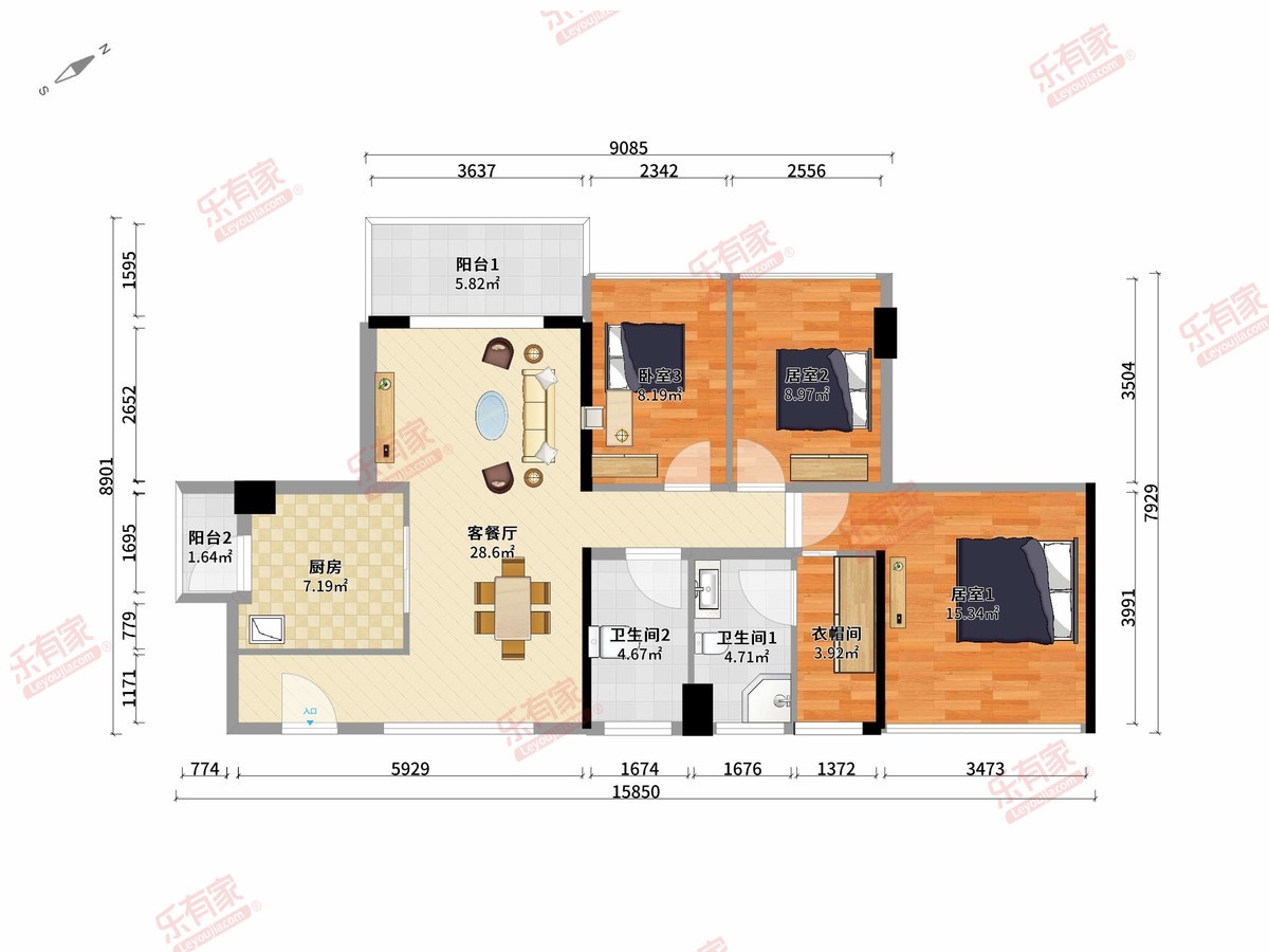 御龙天地 3房2厅2卫1厨2阳116.0m² 西北