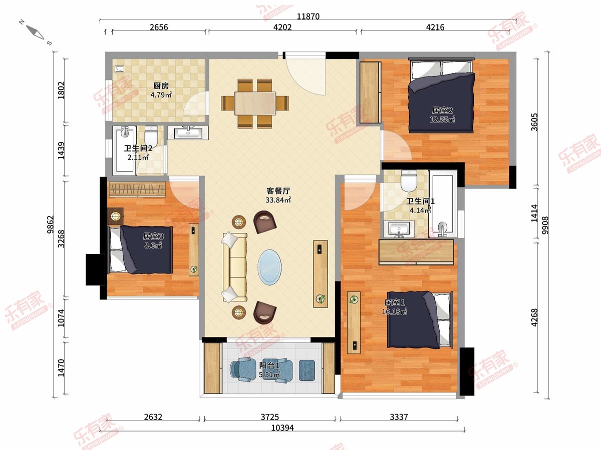 御龙天地 3房2厅2卫1厨1阳116.0m² 西南