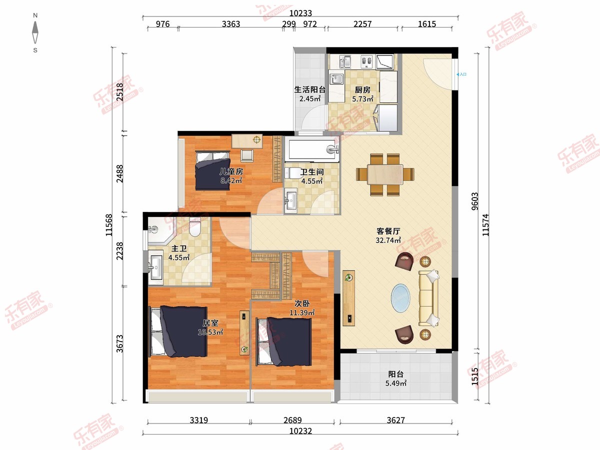 御龙天地 3房2厅2卫1厨2阳116.0m² 东南