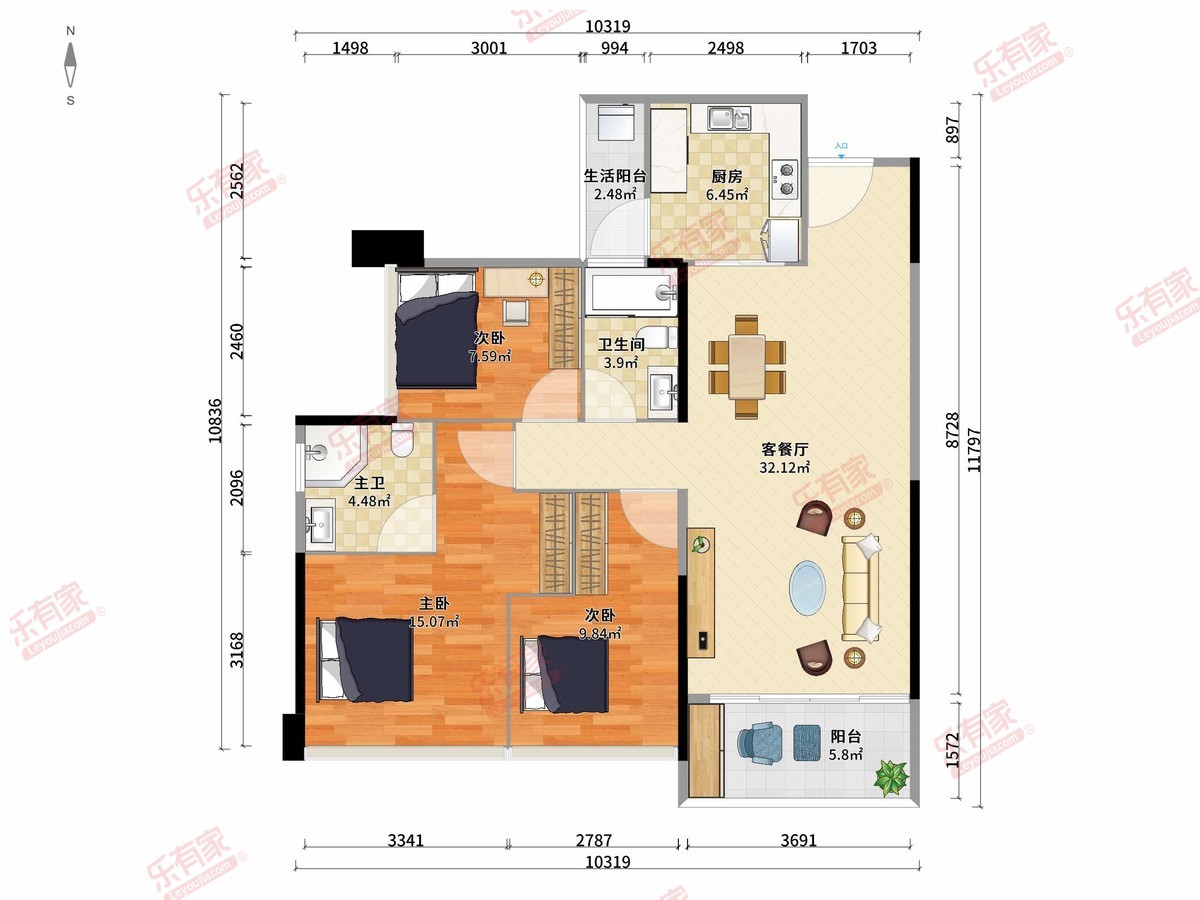 御龙天地 3房2厅2卫1厨2阳116.0m² 东南 1