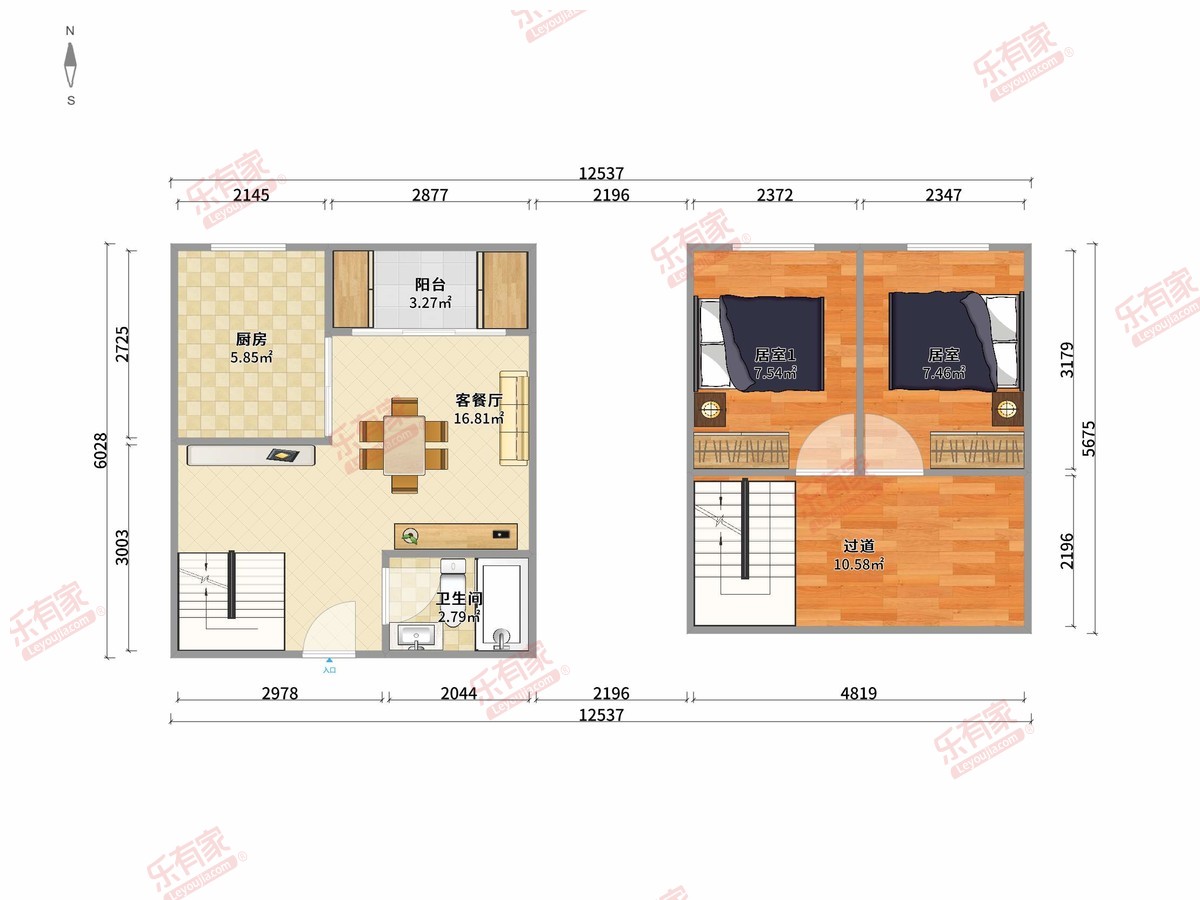 新宝轩V立方 2房2厅1卫1厨1阳34.41m² 北