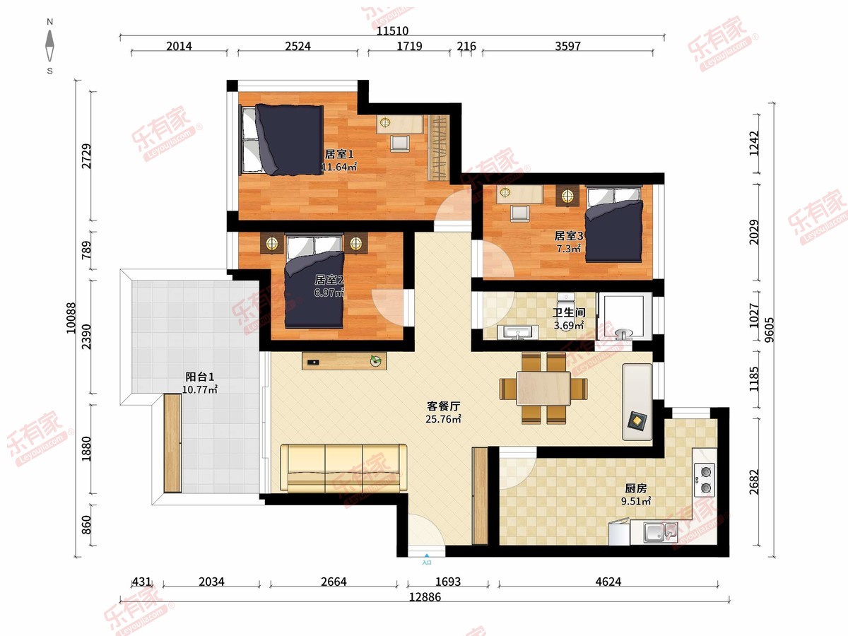 臻珑府 3房2厅1卫1厨1阳78.0m² 南