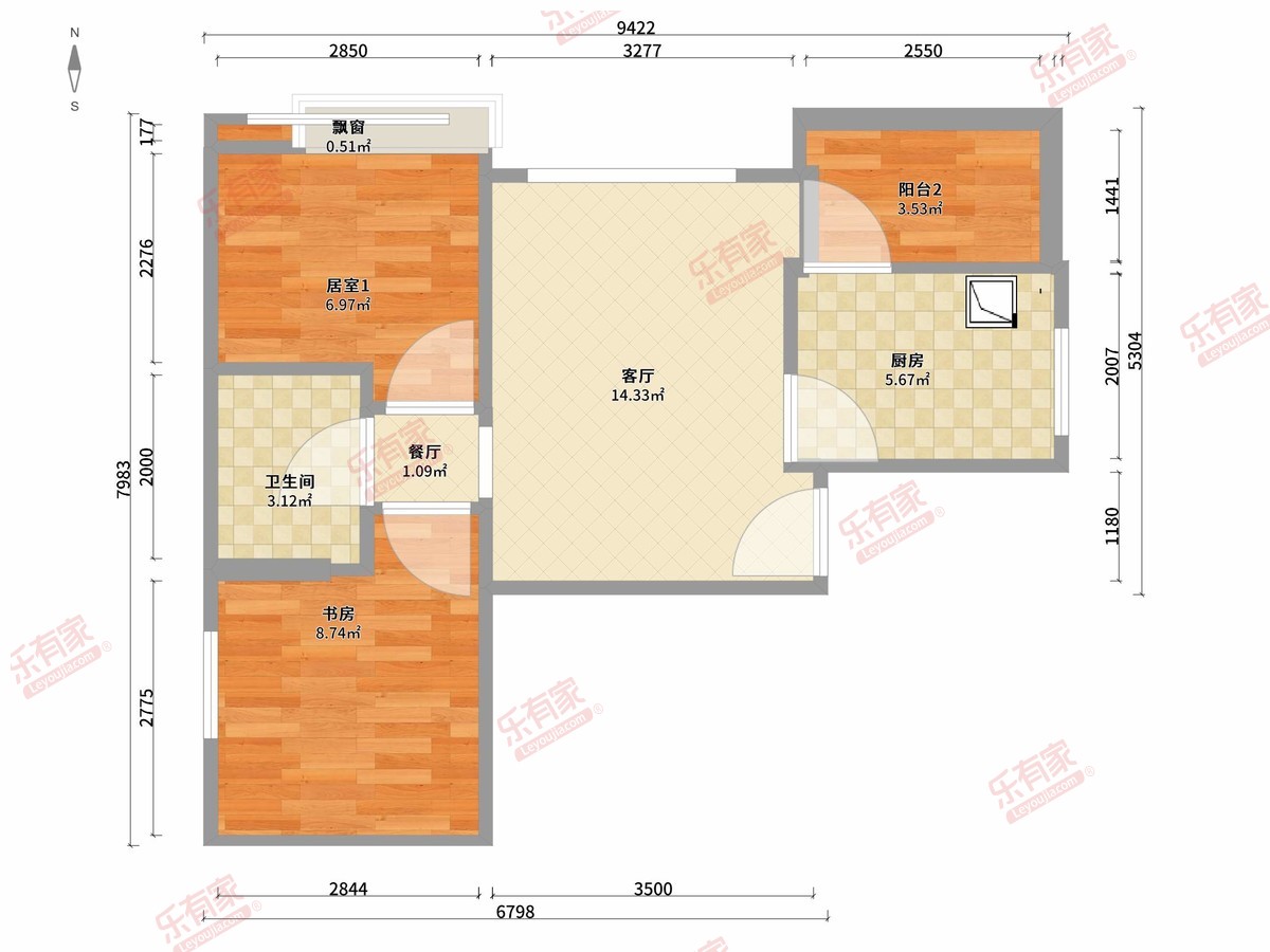荟智公馆 2房2厅1卫1厨1阳69.29m² 北