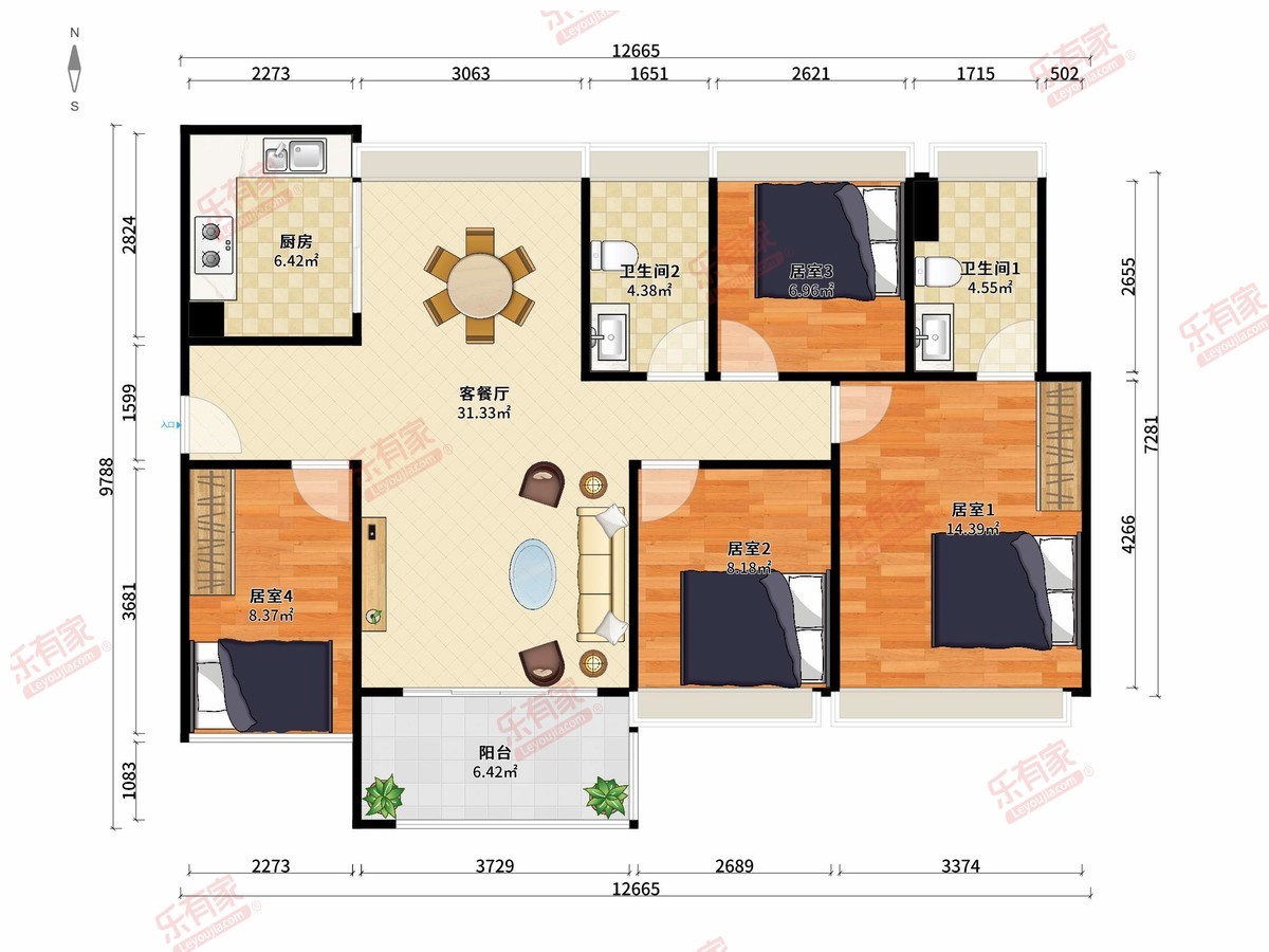 保利堂悦花园 4房2厅2卫1厨1阳115.0m² 南