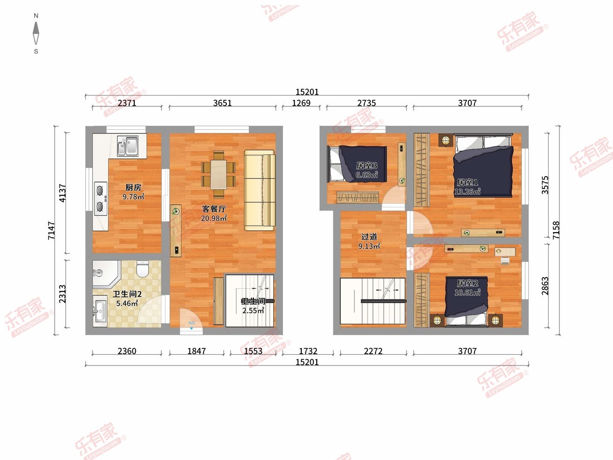 新宝轩V立方 3房2厅2卫1厨0阳63m² 南