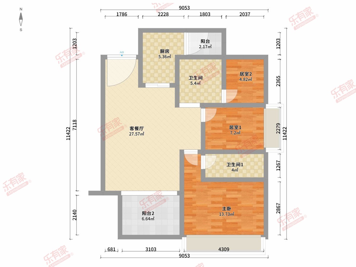 A1户型 3房2卫 95平
