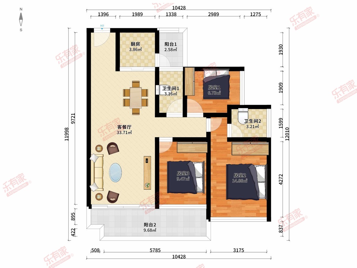 联大华府 3房2厅2卫1厨2阳95.0m² 南