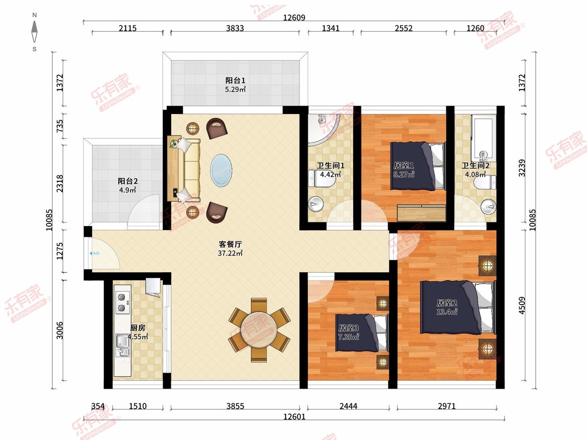 联大华府 3房2厅2卫1厨2阳108.0m² 南北