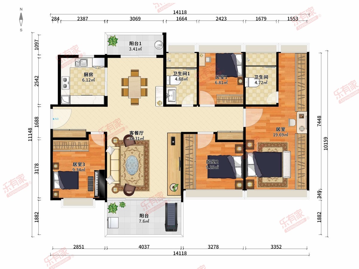 保利越秀金茂松湖云禧 4房2厅2卫1厨2阳142.0m² 南北