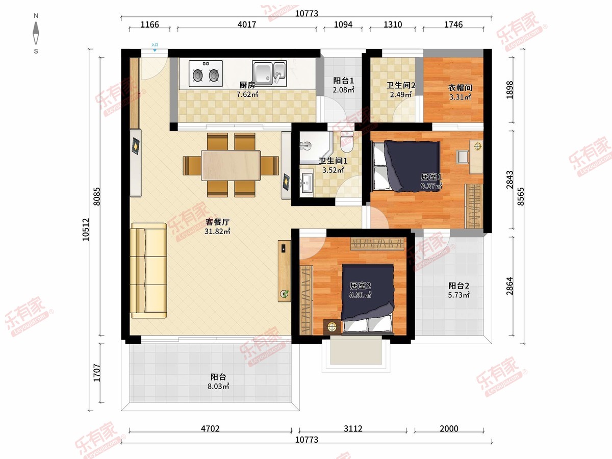 银田豪景花苑 2房2厅2卫1厨3阳86.36m² 南