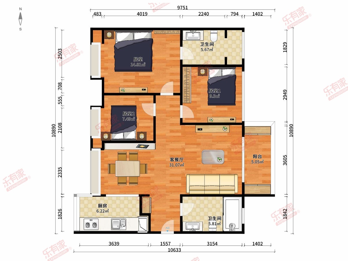 华侨城香颂3房2厅2卫1厨1阳89.0m²东04