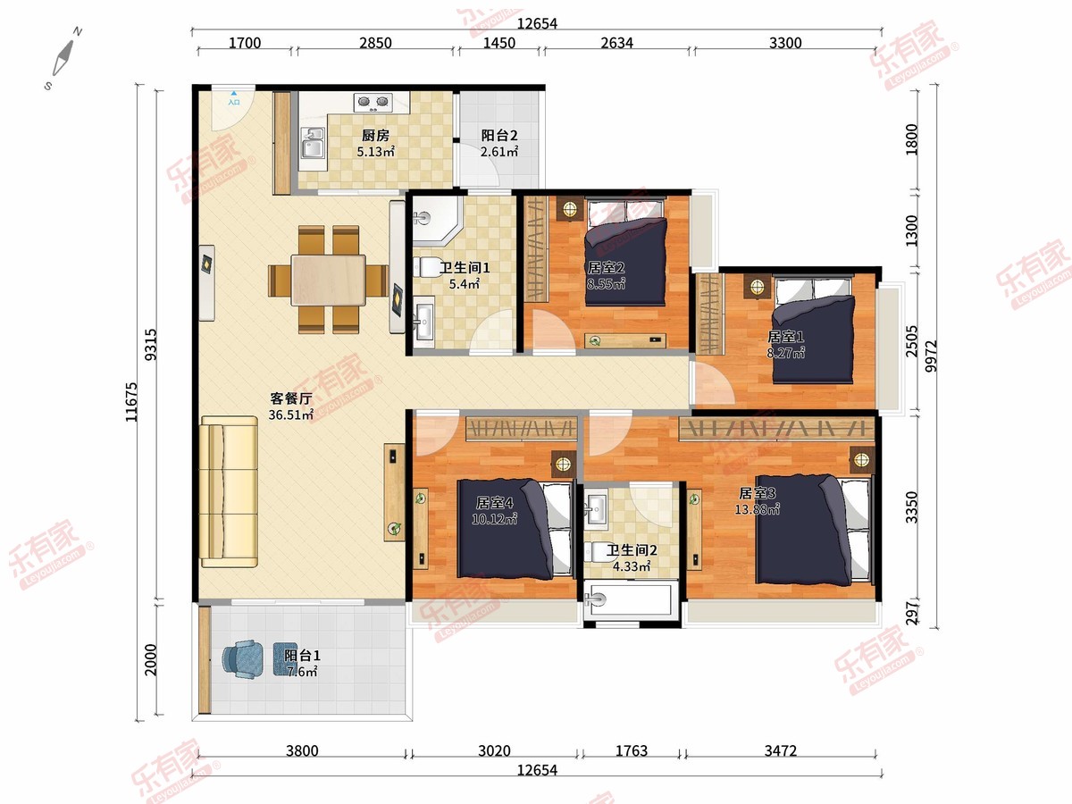 116.0m²4房2厅2卫1厨2阳东南