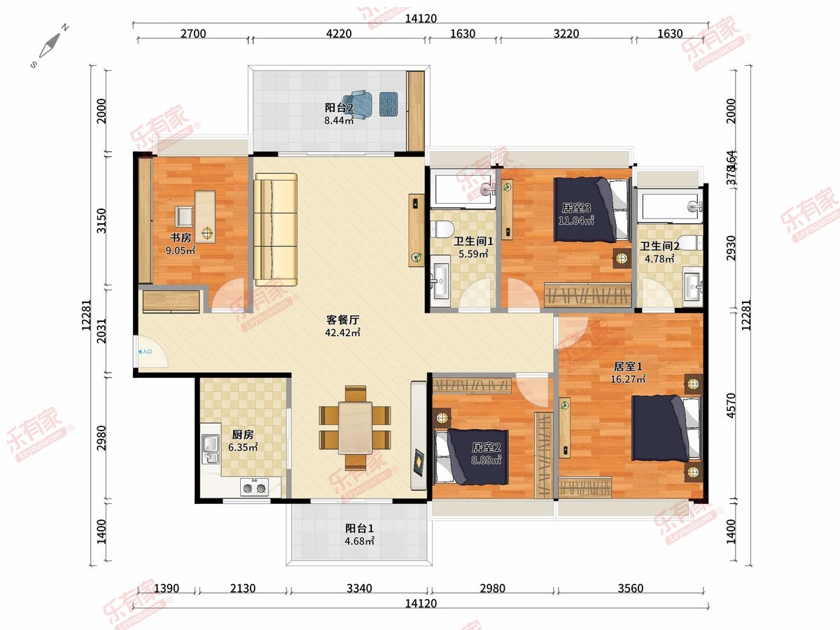 128.0m²4房2厅2卫1厨2阳