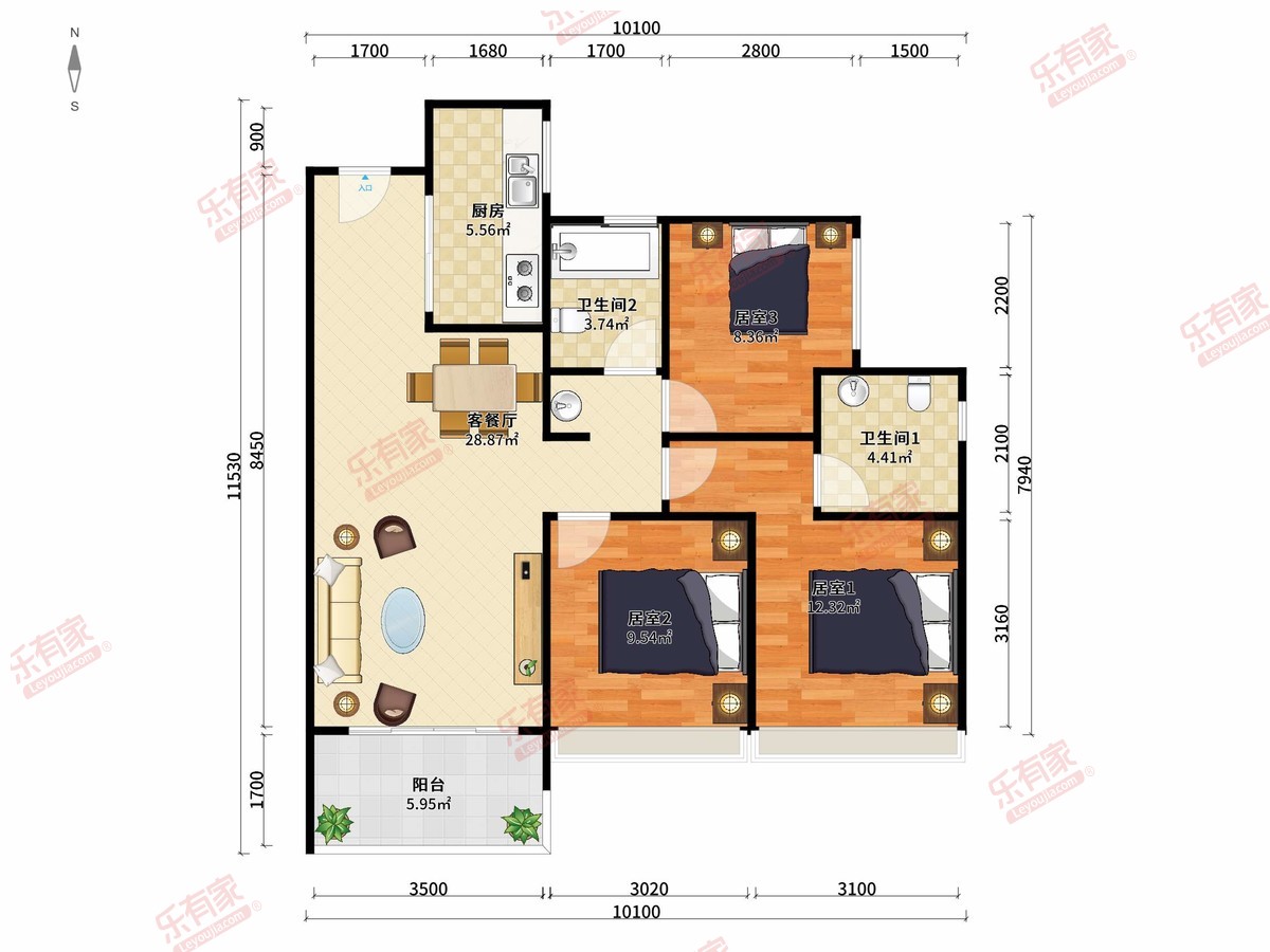 保利林悦花园 3房2厅2卫1厨1阳97.0m² 南