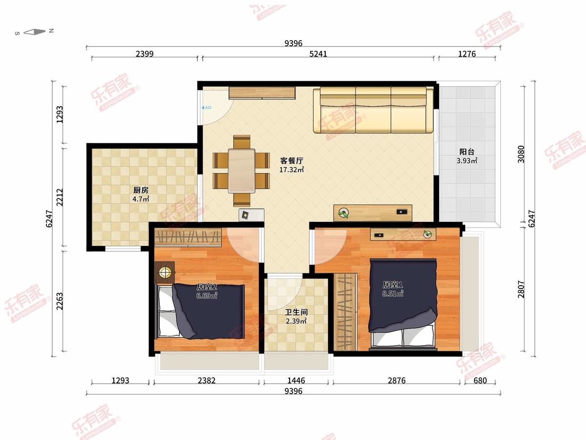 颐峰名庭 2房2厅1卫1厨1阳65.0m² 南